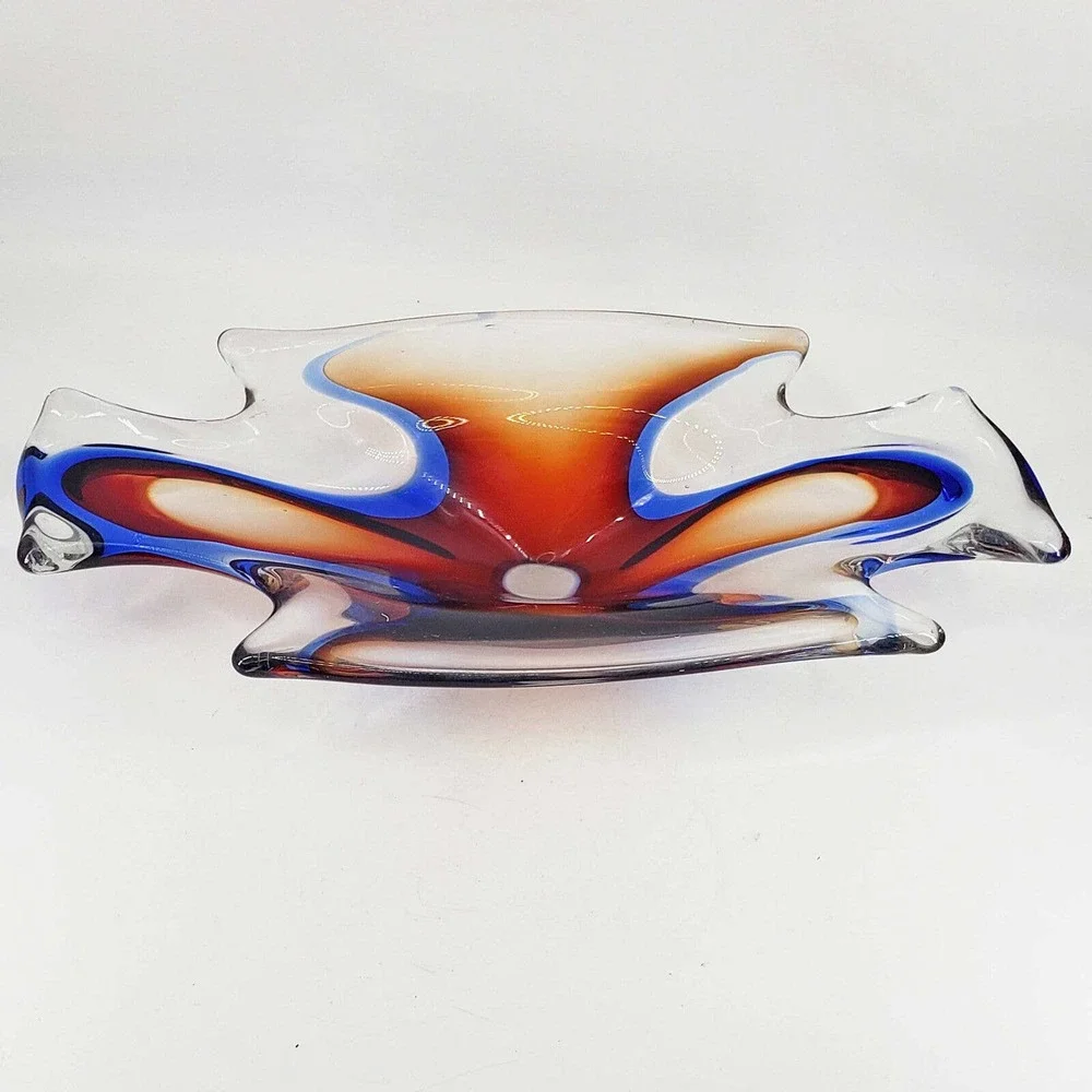 Abstract Blue Red Orange Hand Blown Art Glass Bowl/Candy Dish Polished Pontil - Picture 1 of 5